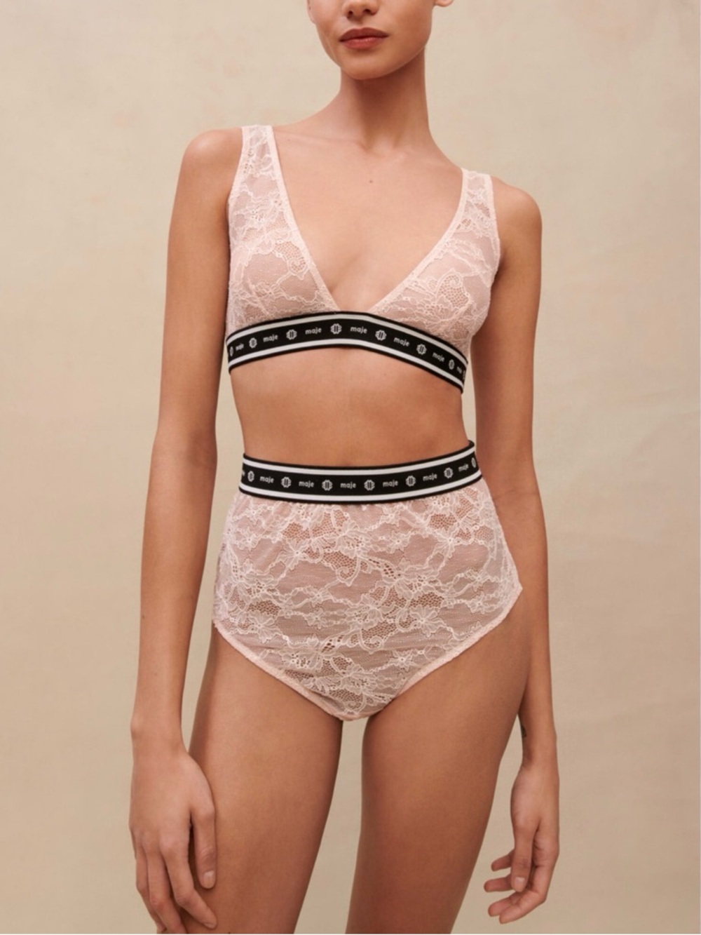 Maje Blush Lace Triangle Bralette & High-Waist Briefs